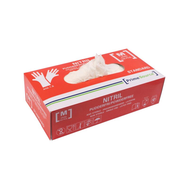 Handske Engangs Prime Source STANDARD str M uden Pudder Nitril AQL 1.5 Hvid